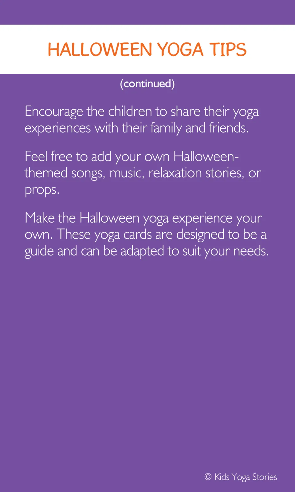 Continued Halloween yoga tips on sharing experiences, adding songs or props, and adapting the cards