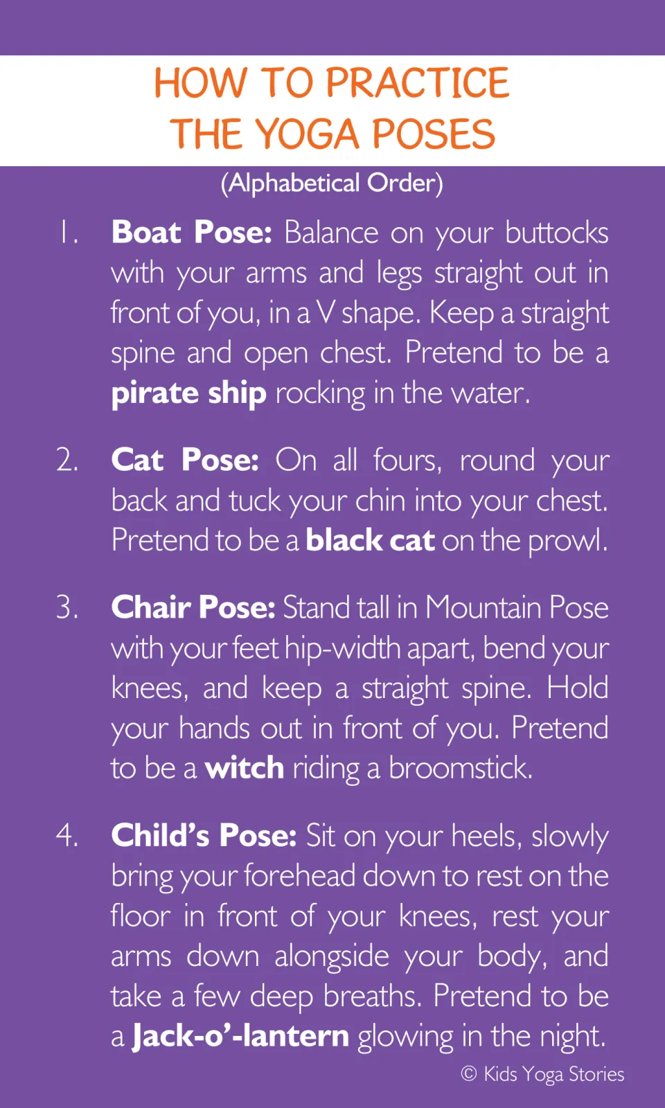 Yoga instructions 1–4: Boat as a pirate ship, Cat as a black cat, Chair as a witch, and Child's Pose