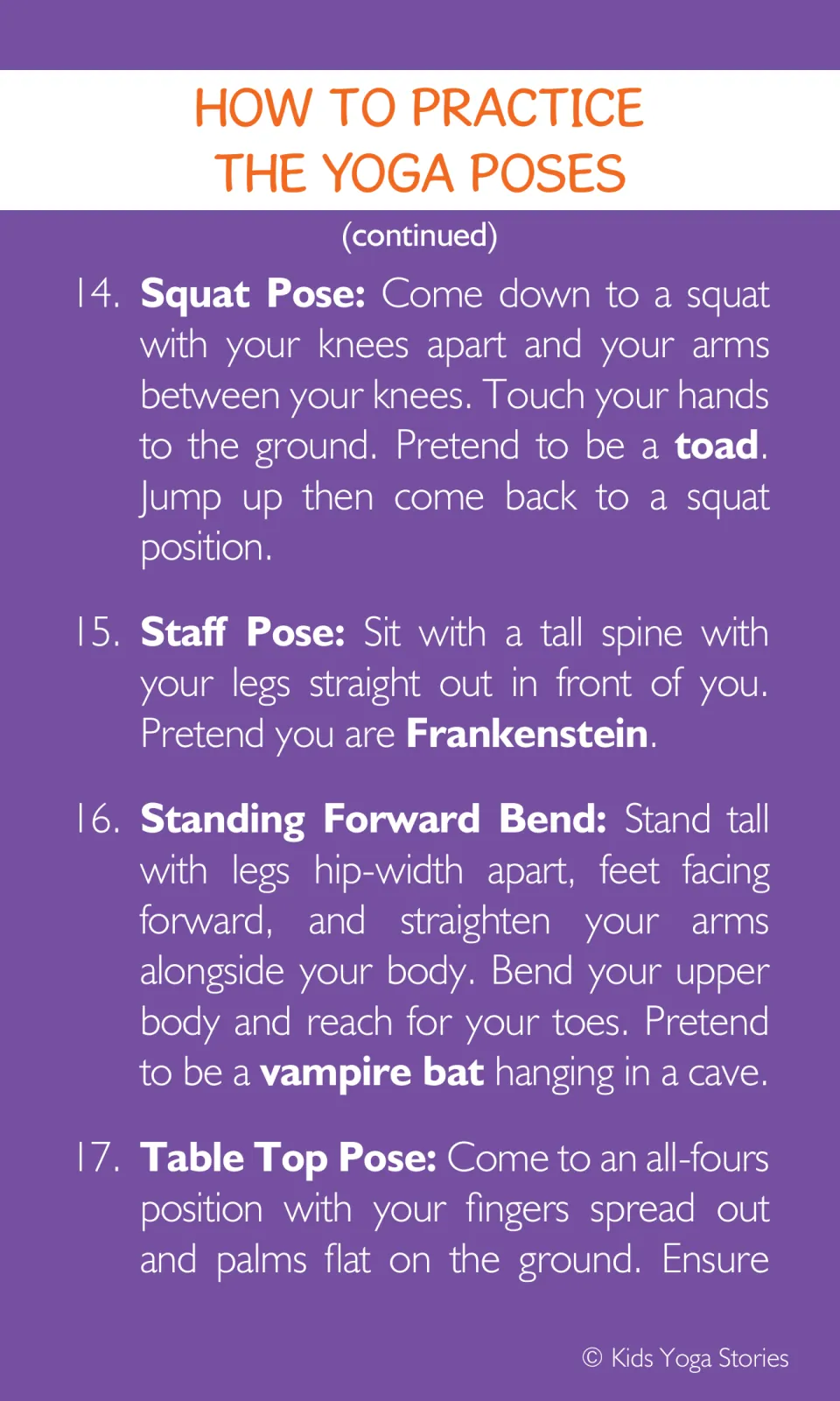 Yoga instructions 14–17: Squat, Staff, Standing Forward Bend, and the beginning of Table Top Pose