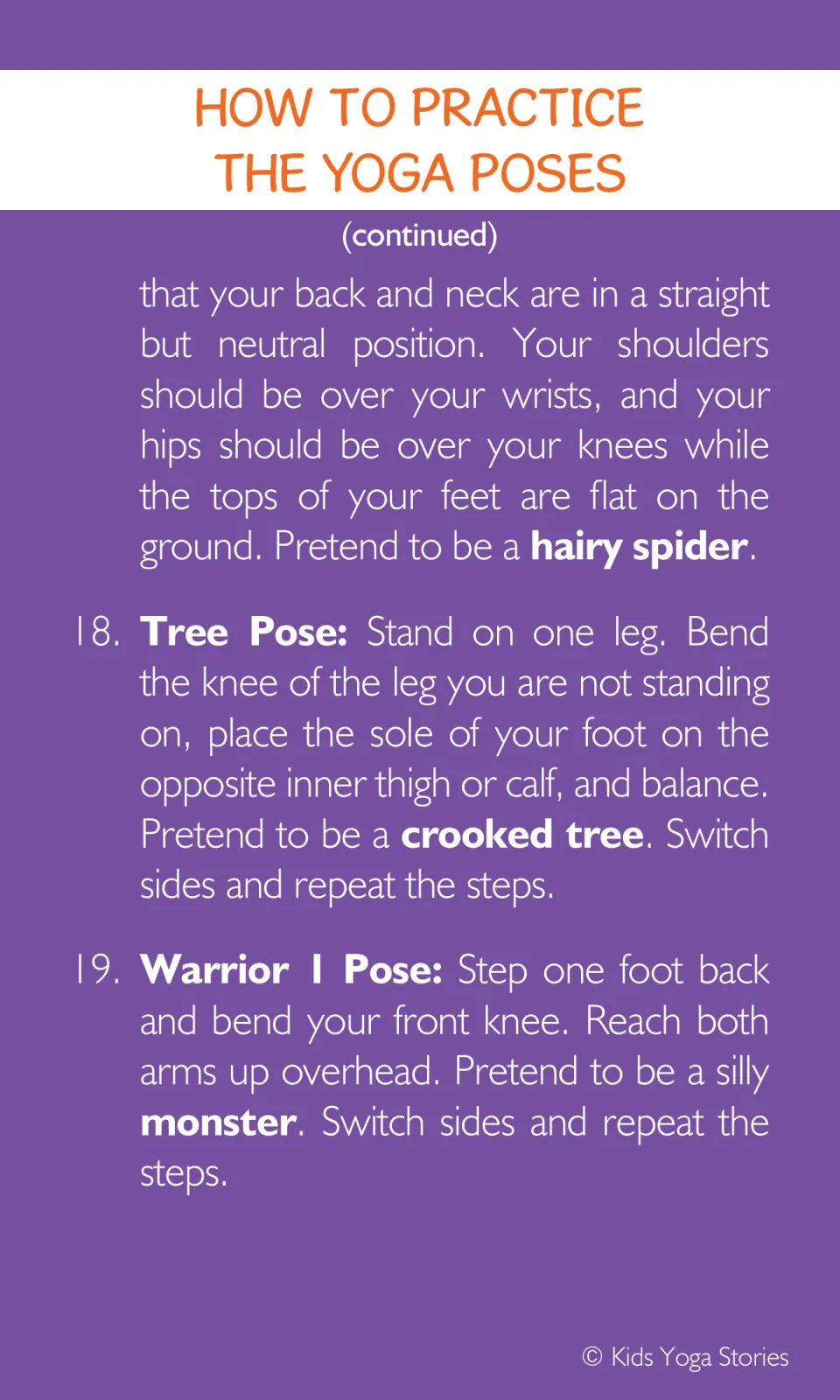 Yoga instructions finish Table Top as a hairy spider, then explain Tree and Warrior 1 poses, numbered 18–19
