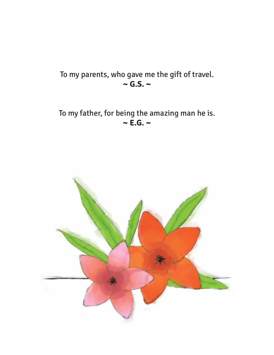 Yoga storybook dedication page: the author thanks her parents for travel, and the illustrator honors her father