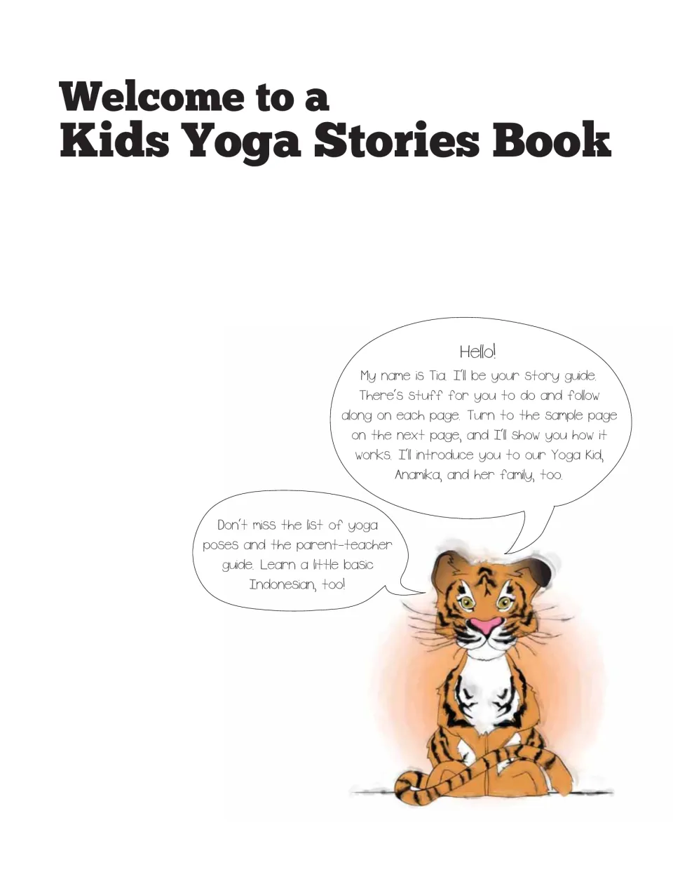 Yoga storybook welcome: Tia introduces the story guide, Anamika, yoga pose list, and parent-teacher guide
