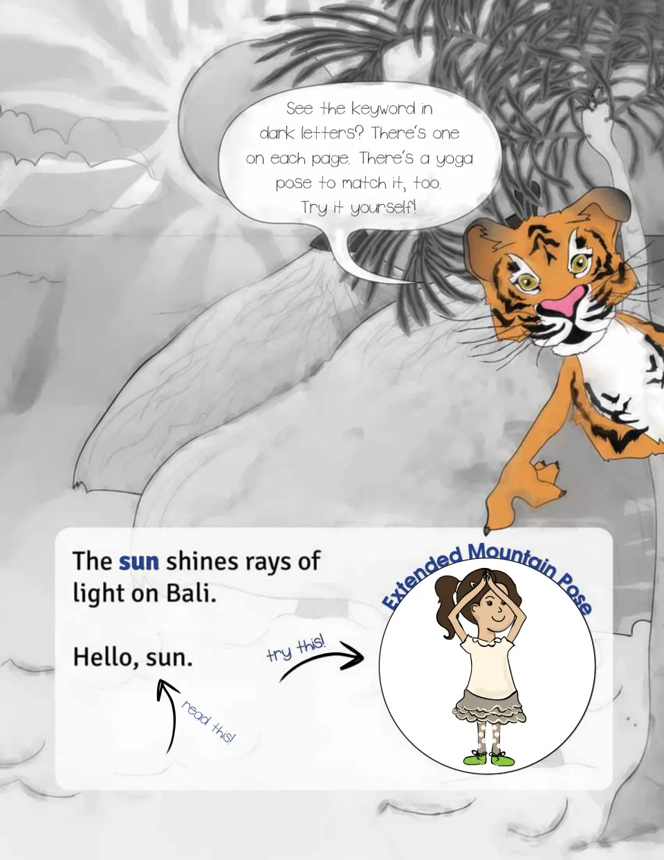 Yoga book sample explains matching bold keywords to poses, pairing 'Hello, sun' with Extended Mountain Pose