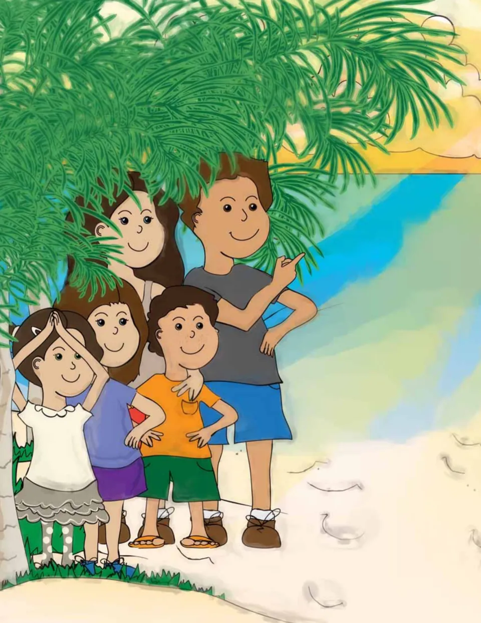 Yoga story illustration shows Anamika and her family on a Bali beach as she raises her hands overhead