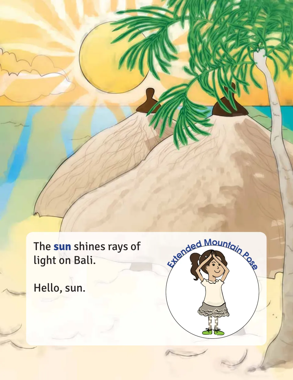 Yoga story sun page reads 'The sun shines rays of light on Bali' and pairs the sun with Extended Mountain Pose
