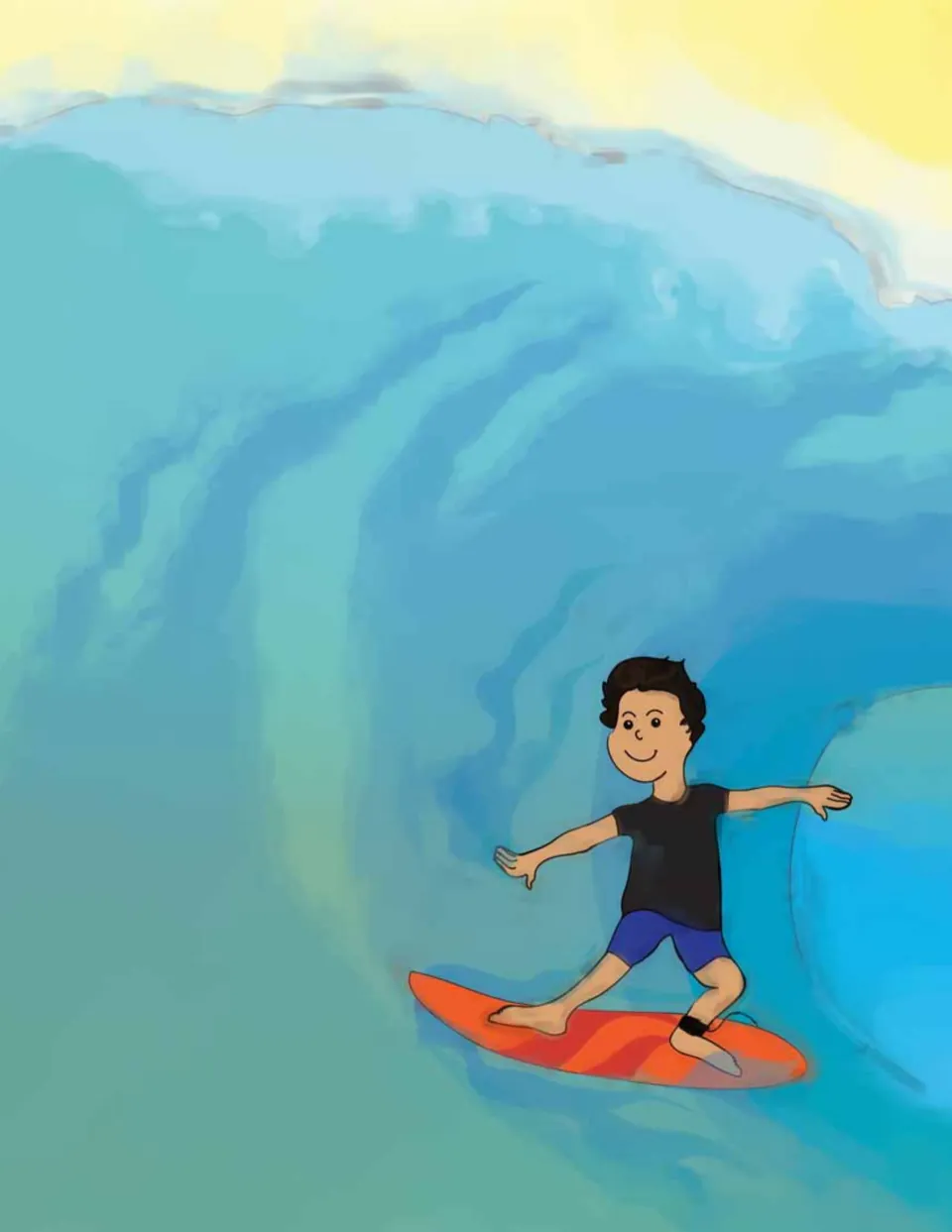 Yoga story illustration shows a surfer riding a blue wave, introducing the surfing scene and its matching pose
