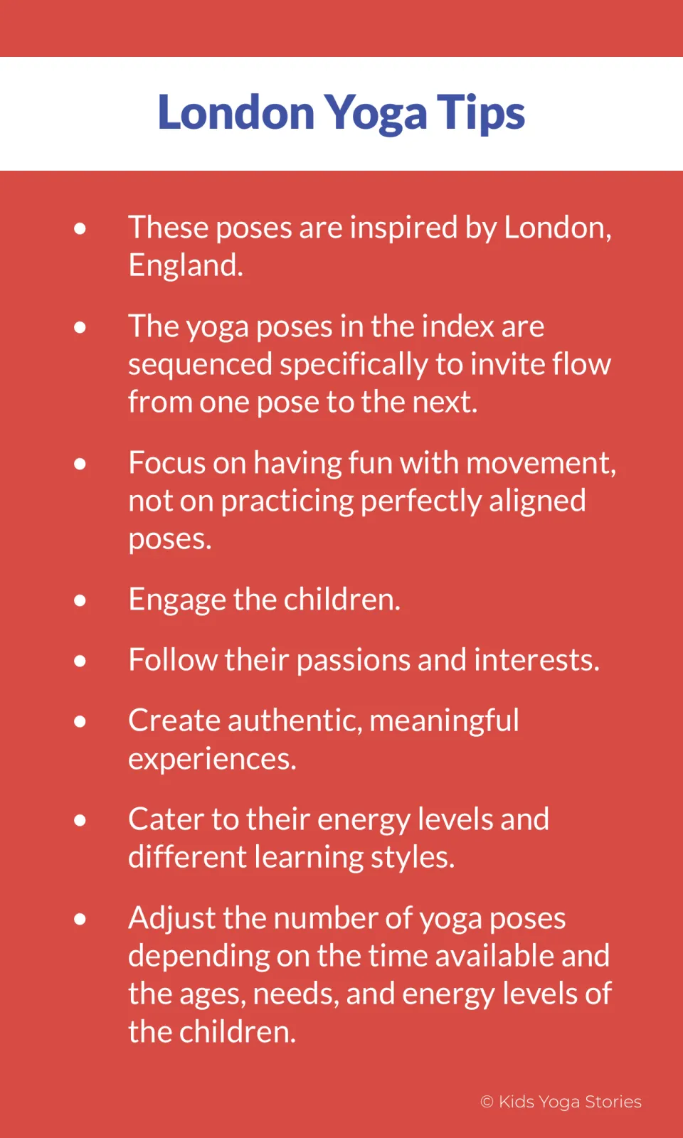 First yoga tips page explains the London theme, pose sequence, playful movement, and adapting to children's needs