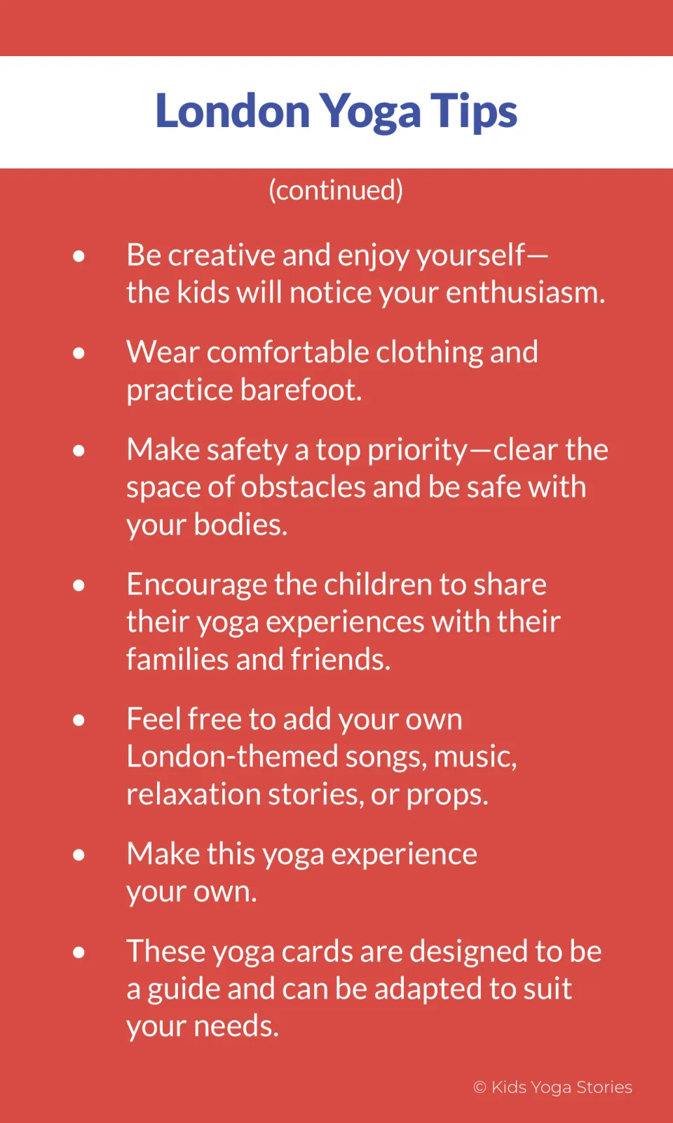 Continued yoga tips cover comfortable clothing, clear practice space, sharing experiences, and London-themed music