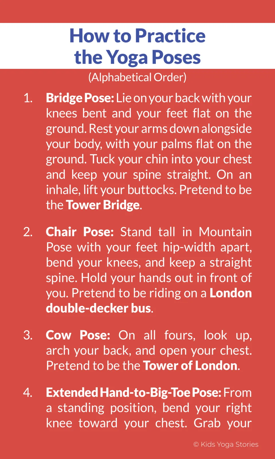 Pose instructions 1–4 cover Bridge, Chair, and Cow poses and begin Extended Hand-to-Big-Toe Pose for Big Ben