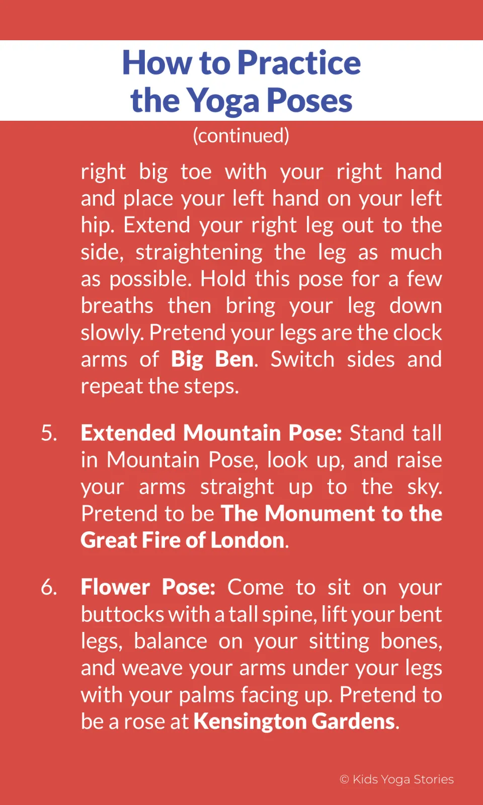 Pose instructions finish Big Ben's Extended Hand-to-Big-Toe Pose, then explain Extended Mountain and Flower poses