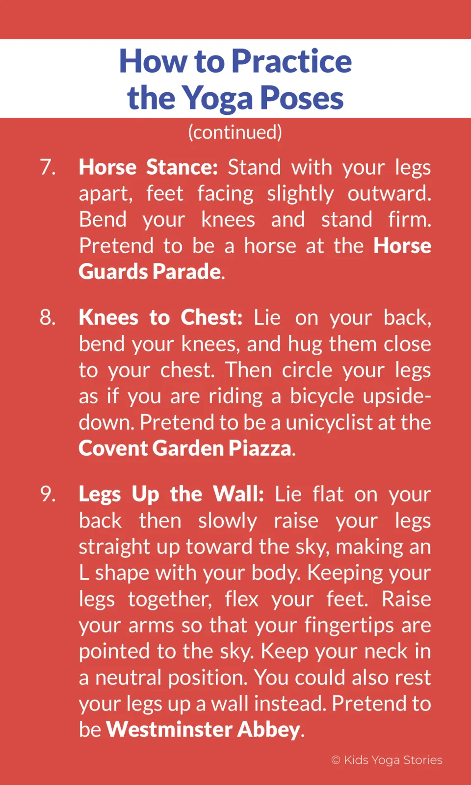 Pose instructions 7–9 link Horse Stance, Knees to Chest, and Legs Up the Wall to London places and activities