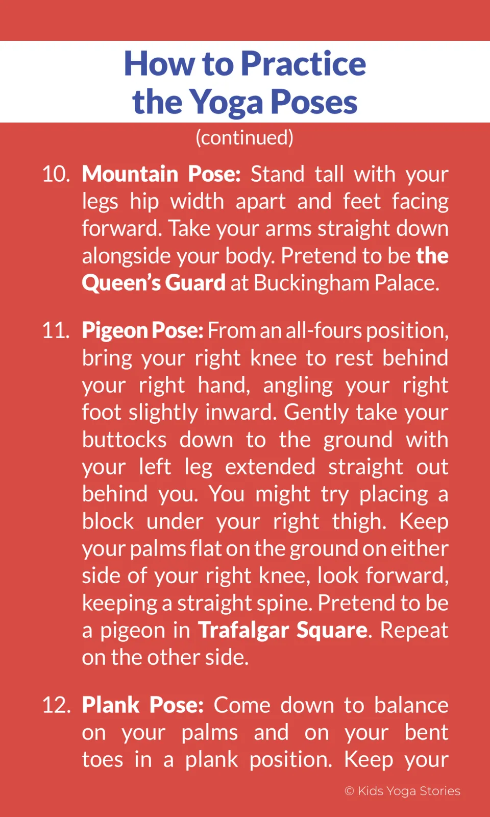 Pose instructions 10–12 explain Mountain Pose for the Queen's Guard and Pigeon Pose, then begin Plank Pose