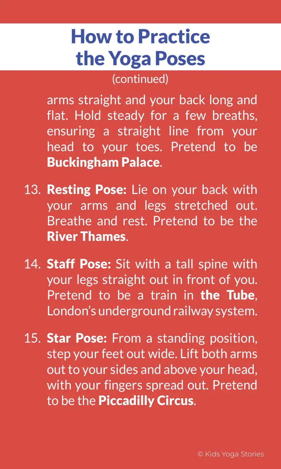 Pose instructions finish Plank Pose for Buckingham Palace, then cover Resting, Staff, and Star poses
