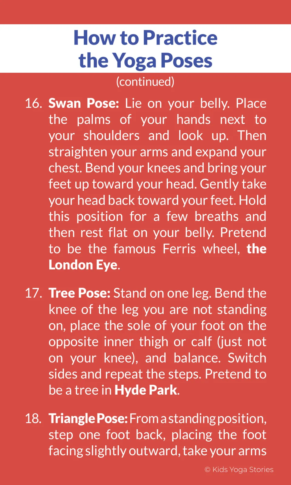 Pose instructions 16–18 explain Swan Pose for the London Eye and Tree Pose for Hyde Park, then begin Triangle Pose