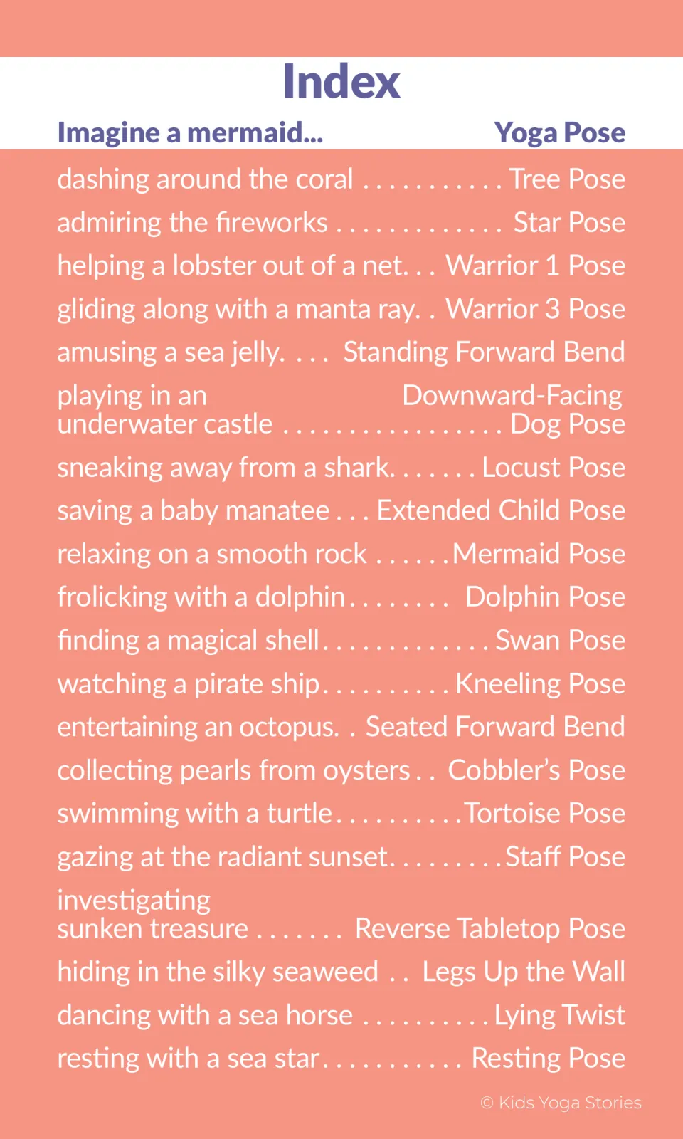 Yoga sequence index pairing 20 mermaid actions with poses, from dashing around coral to resting with a sea star