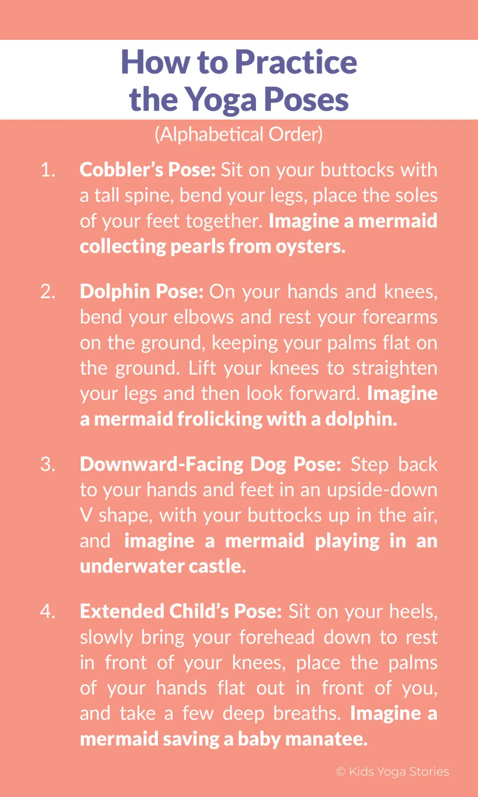 Yoga instructions 1–4: Cobbler's, Dolphin, Downward-Facing Dog, and Extended Child's poses with mermaid prompts