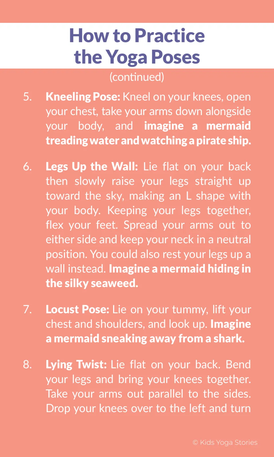 Yoga instructions 5–8 cover Kneeling, Legs Up the Wall, and Locust poses, then begin the Lying Twist directions