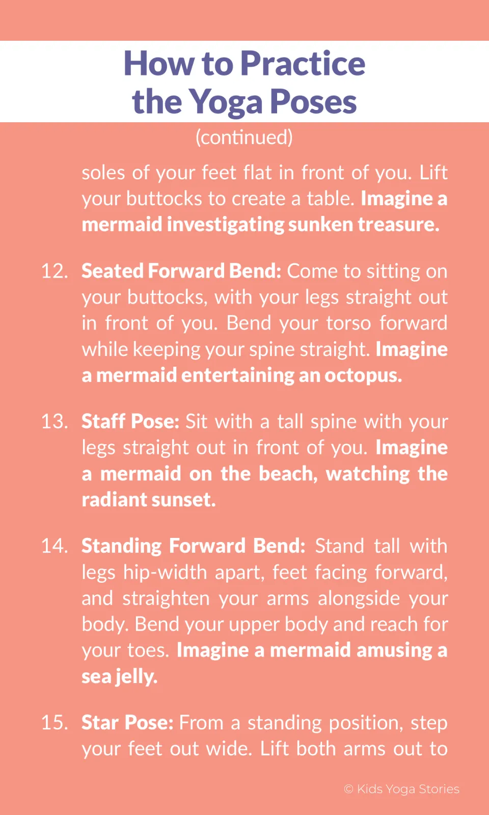 Yoga instructions finish Reverse Tabletop, cover Seated and Standing Forward Bends and Staff, and begin Star
