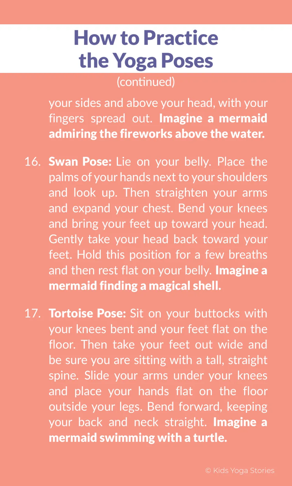 Yoga instructions finish Star Pose and explain Swan and Tortoise poses with magical shell and turtle prompts