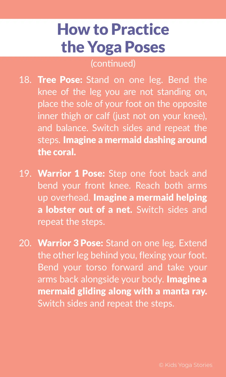 Yoga instructions 18–20 explain Tree, Warrior 1, and Warrior 3 poses with coral, lobster, and manta ray prompts