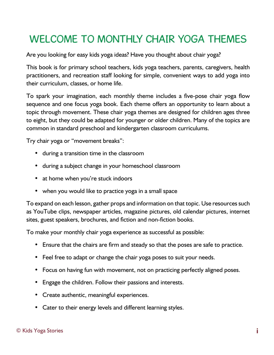 Welcome introduction: each month pairs a five-pose chair flow with a focus book, plus tips on when and how to run sessions