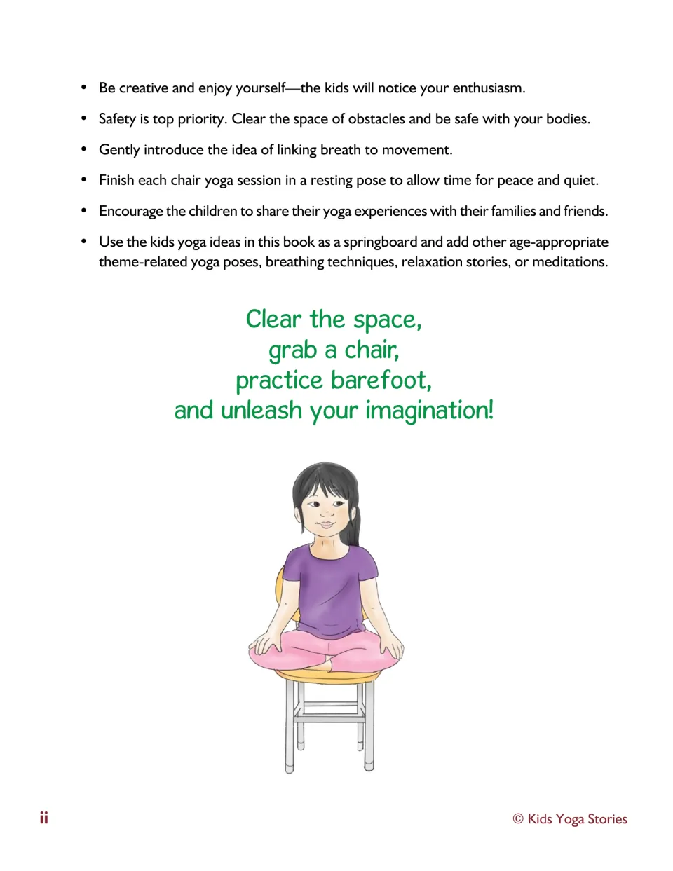 Chair yoga tips on safety, linking breath to movement and ending in rest, with a girl sitting cross-legged on a chair