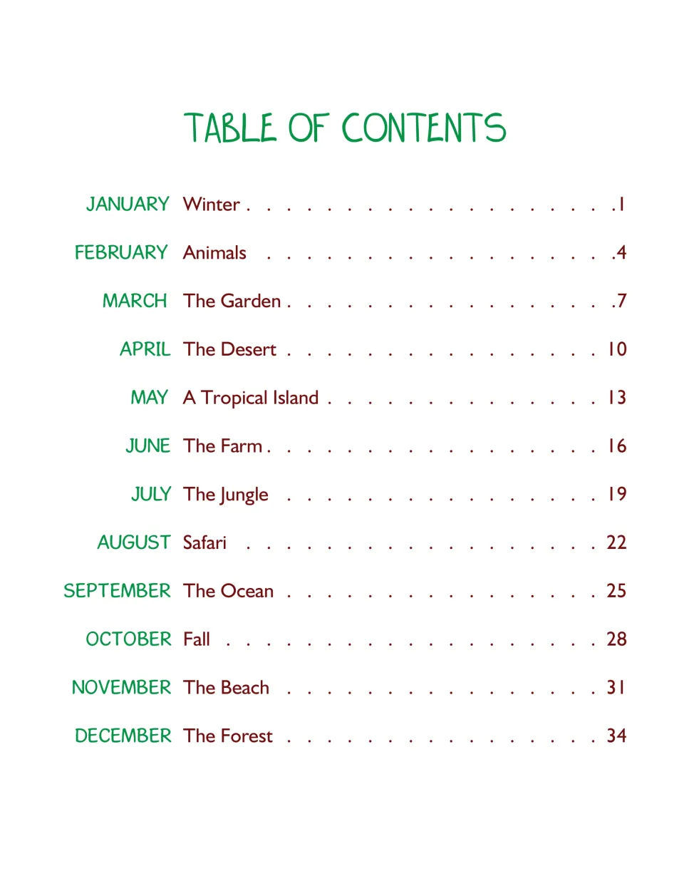 Table of contents listing a yoga theme for each month, from January Winter and February Animals to December The Forest