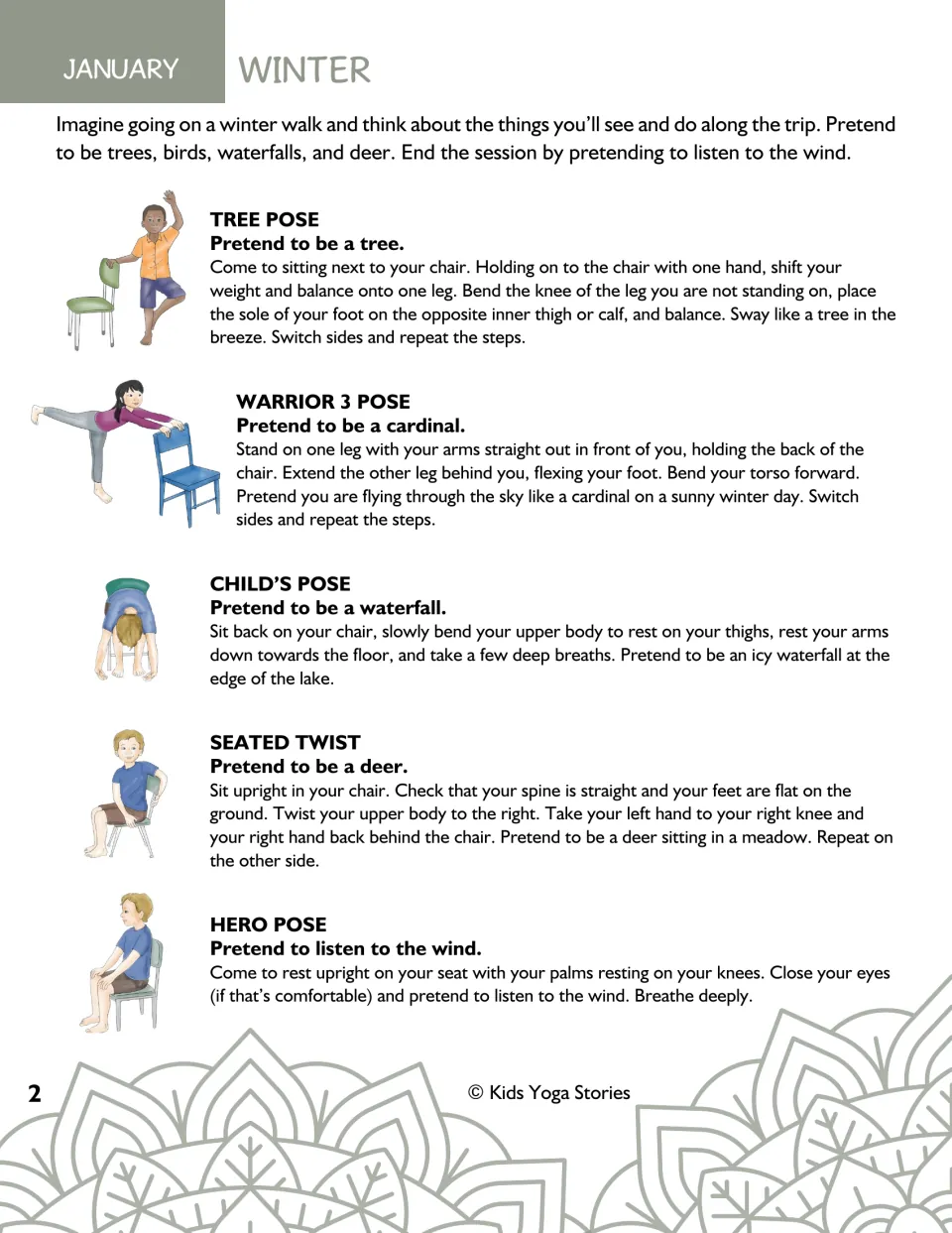 January Winter: step-by-step instructions for tree, warrior 3, child's pose, seated twist and hero pose on an imagined walk