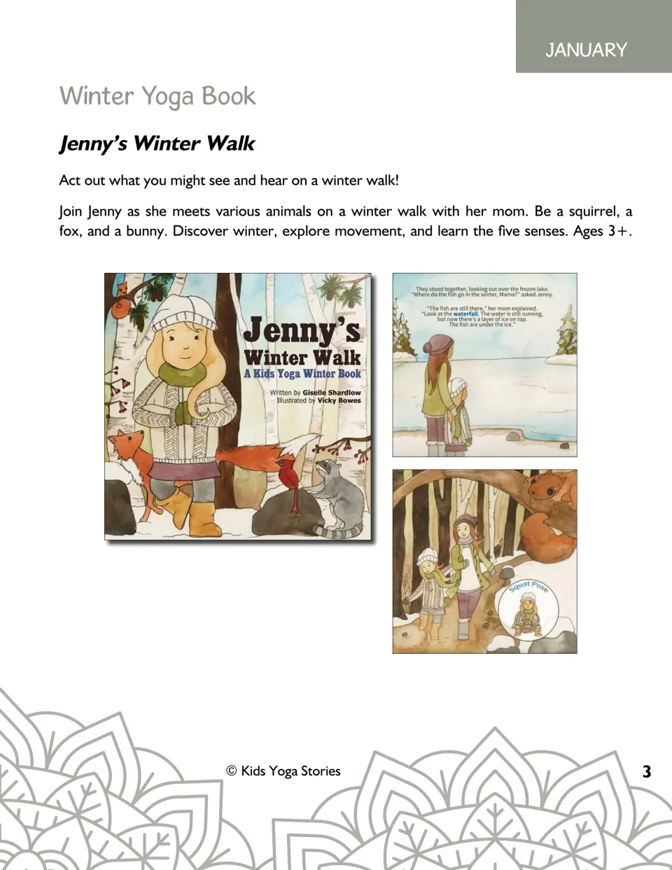 Winter yoga book pick: Jenny's Winter Walk, acting out a squirrel, fox and bunny, shown with its cover and two sample pages