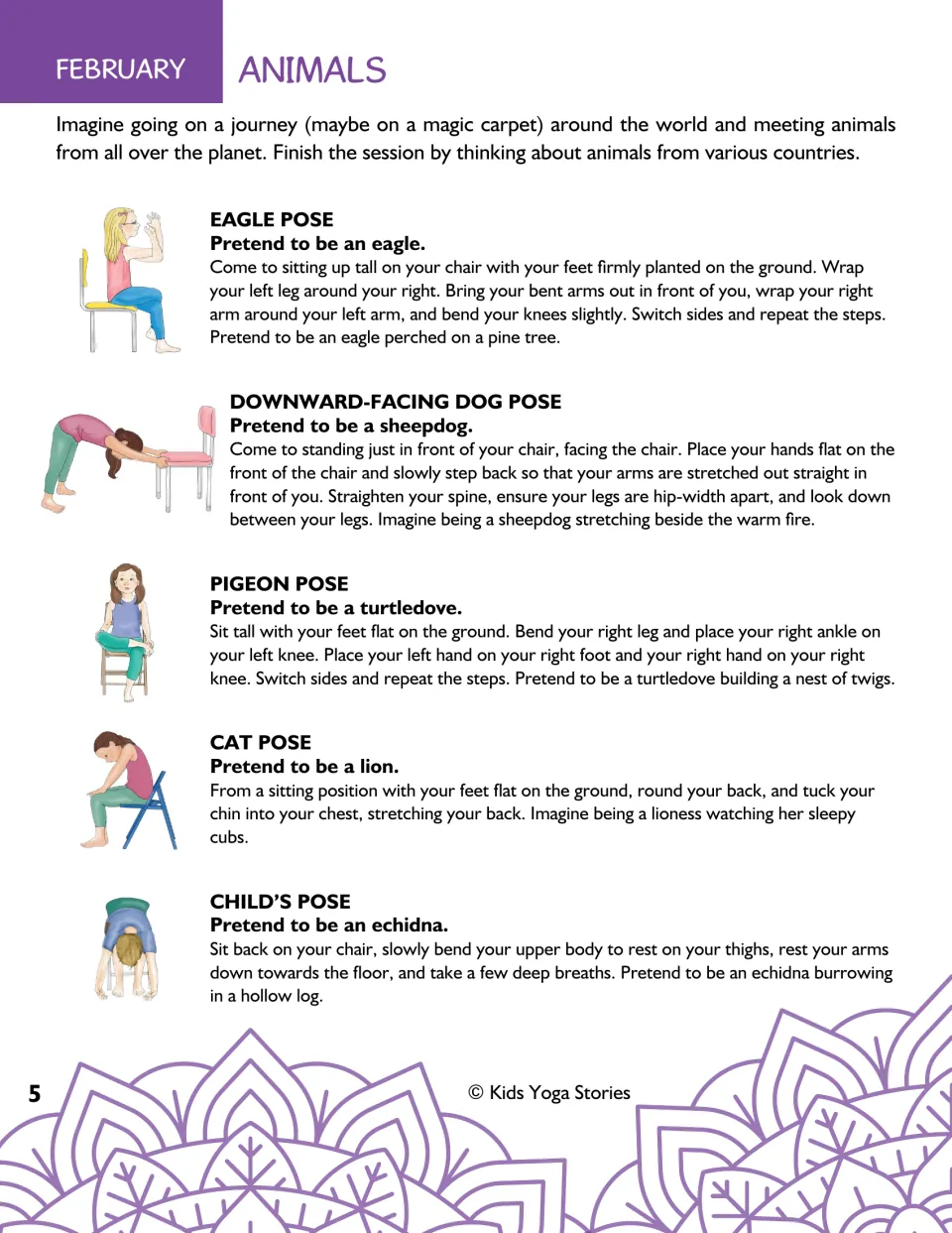February Animals: directions for eagle, downward dog, pigeon, cat and child's pose on an imagined trip to meet animals