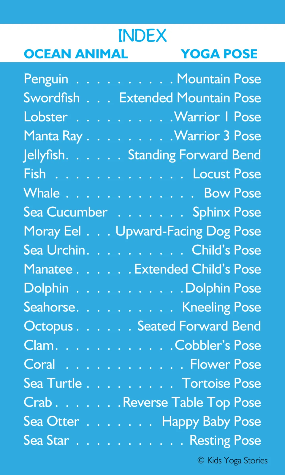 Yoga card index pairs 20 ocean animals with poses, from penguin in Mountain Pose to sea star in Resting Pose
