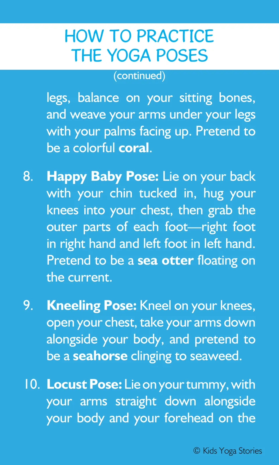 Yoga instructions finish Flower Pose, explain sea otter and seahorse poses, and begin fish in Locust Pose