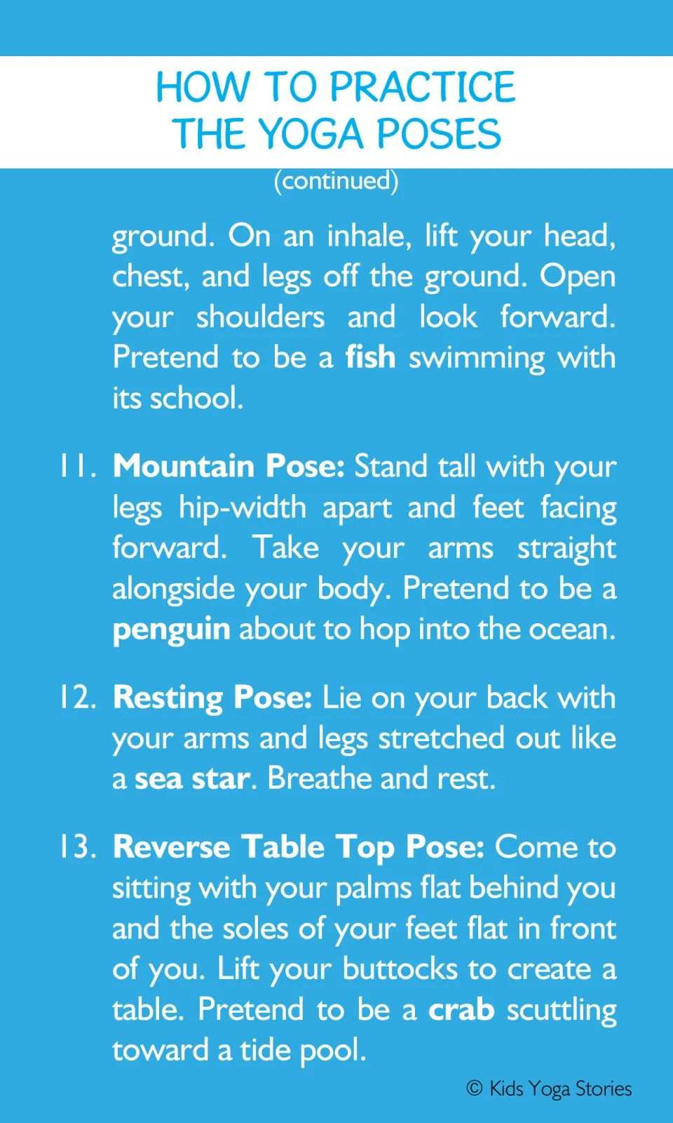 Yoga instructions finish Locust Pose and explain Mountain, Resting, and Reverse Table Top Poses