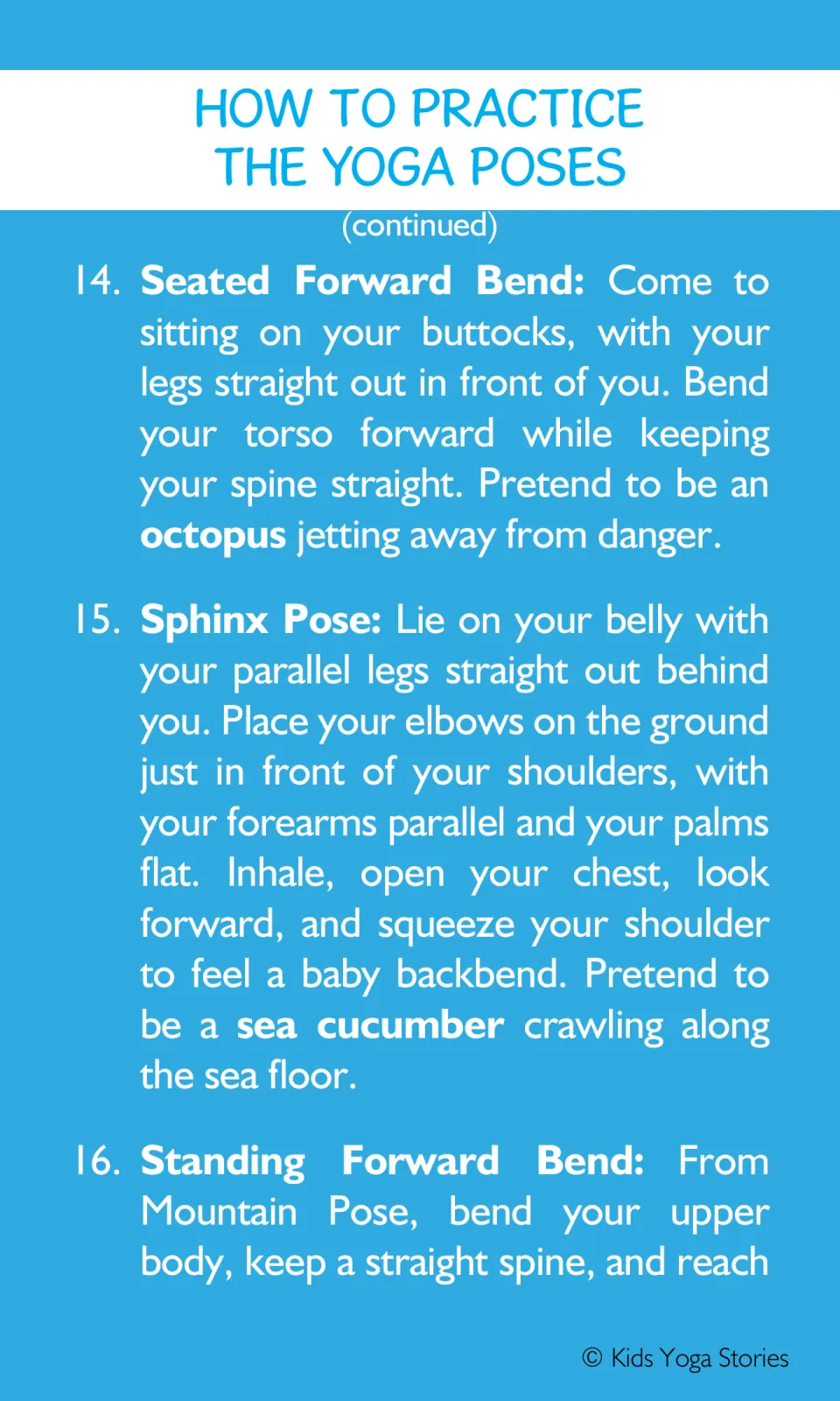 Yoga instructions cover octopus in Seated Forward Bend and sea cucumber in Sphinx, then begin a standing bend