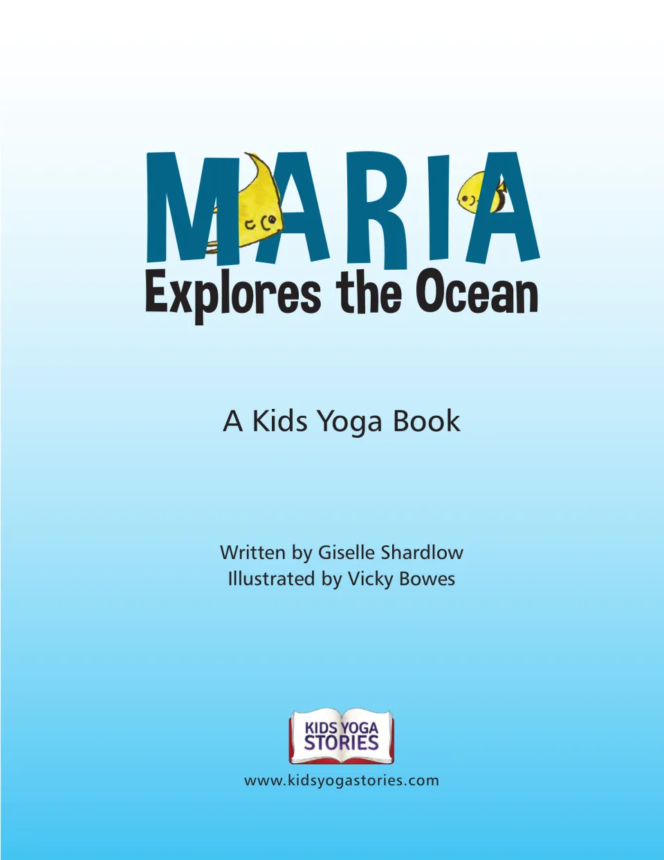 Ocean yoga book title page identifying Giselle Shardlow as the author and Vicky Bowes as the illustrator