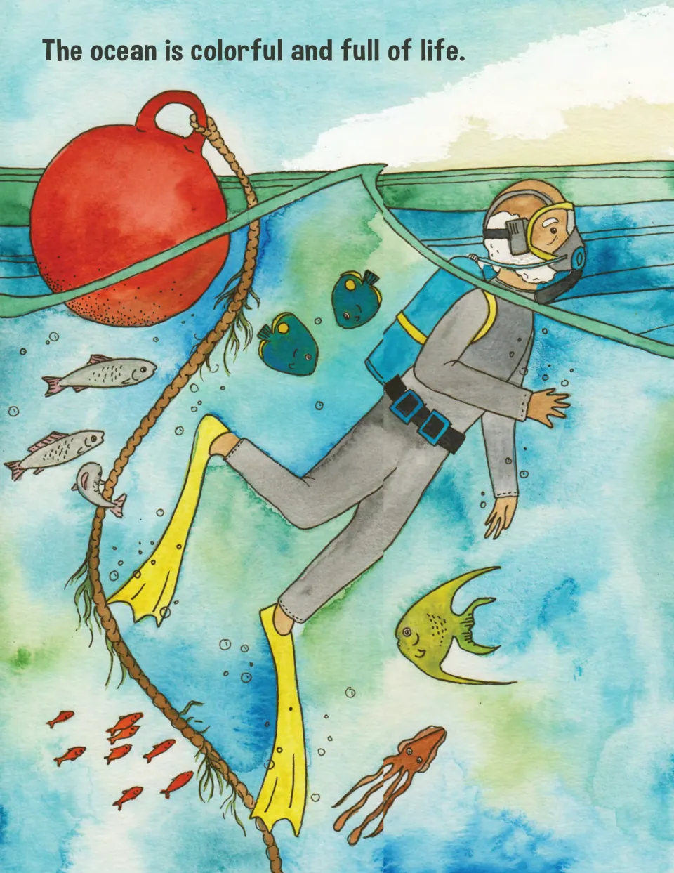 Ocean yoga story opening: 'The ocean is colorful and full of life,' illustrated by Granddad diving