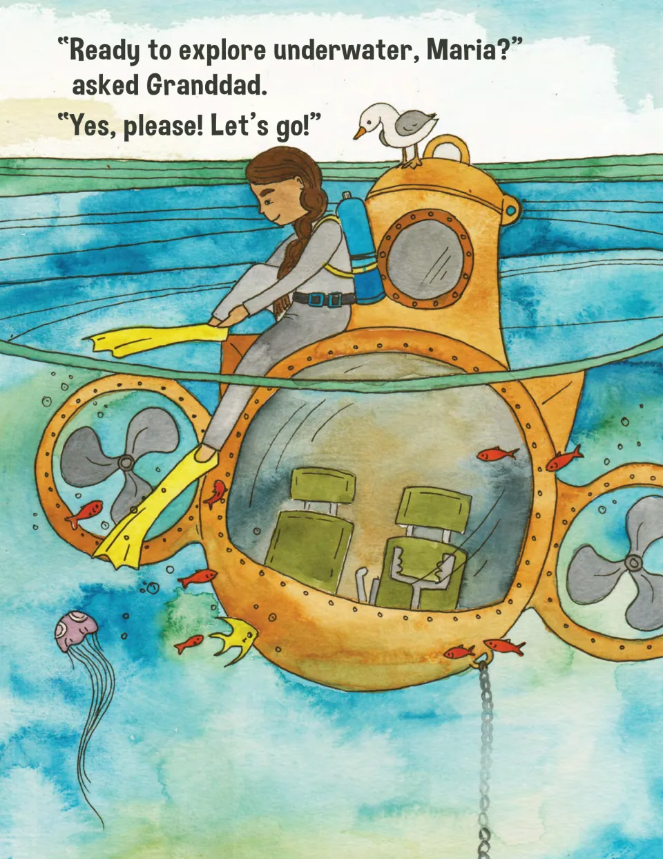 Ocean yoga story scene: Granddad asks Maria to explore underwater as she puts on a flipper by a submarine