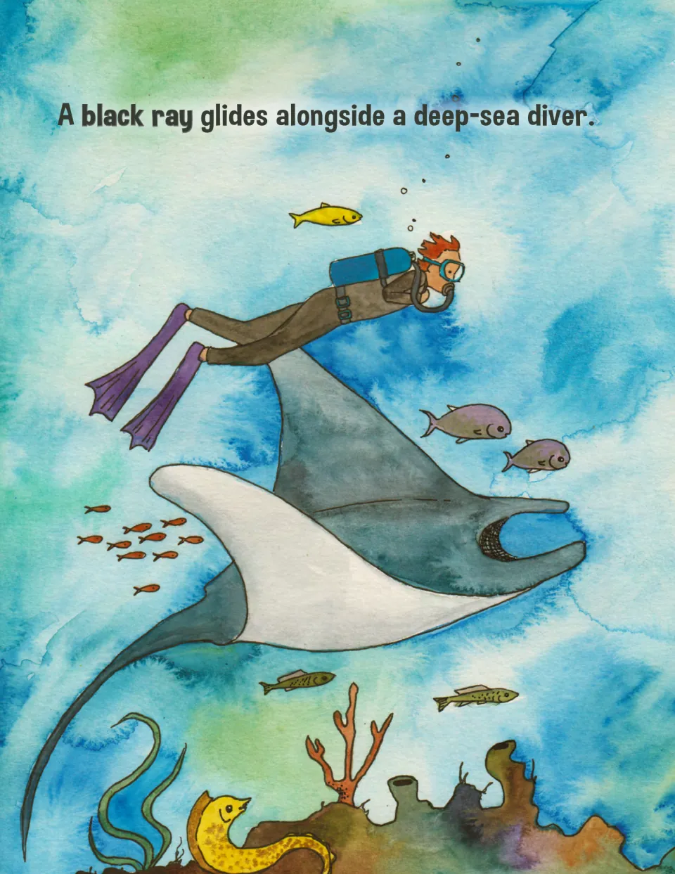 Ocean yoga story animal encounter: 'A black ray glides alongside a deep-sea diver,' with a ray illustration