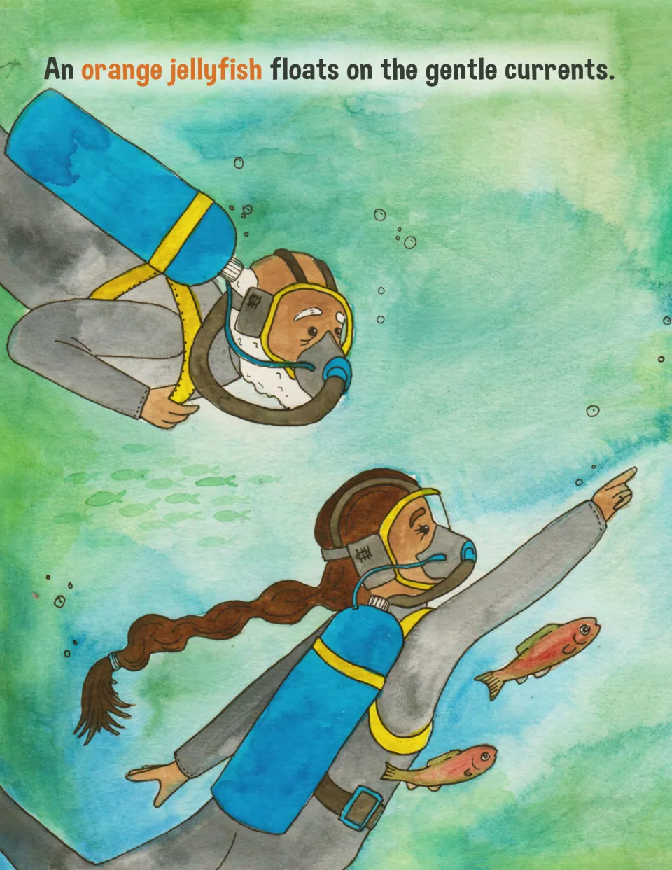 Ocean yoga story scene: Maria points underwater as the text says an orange jellyfish floats on currents