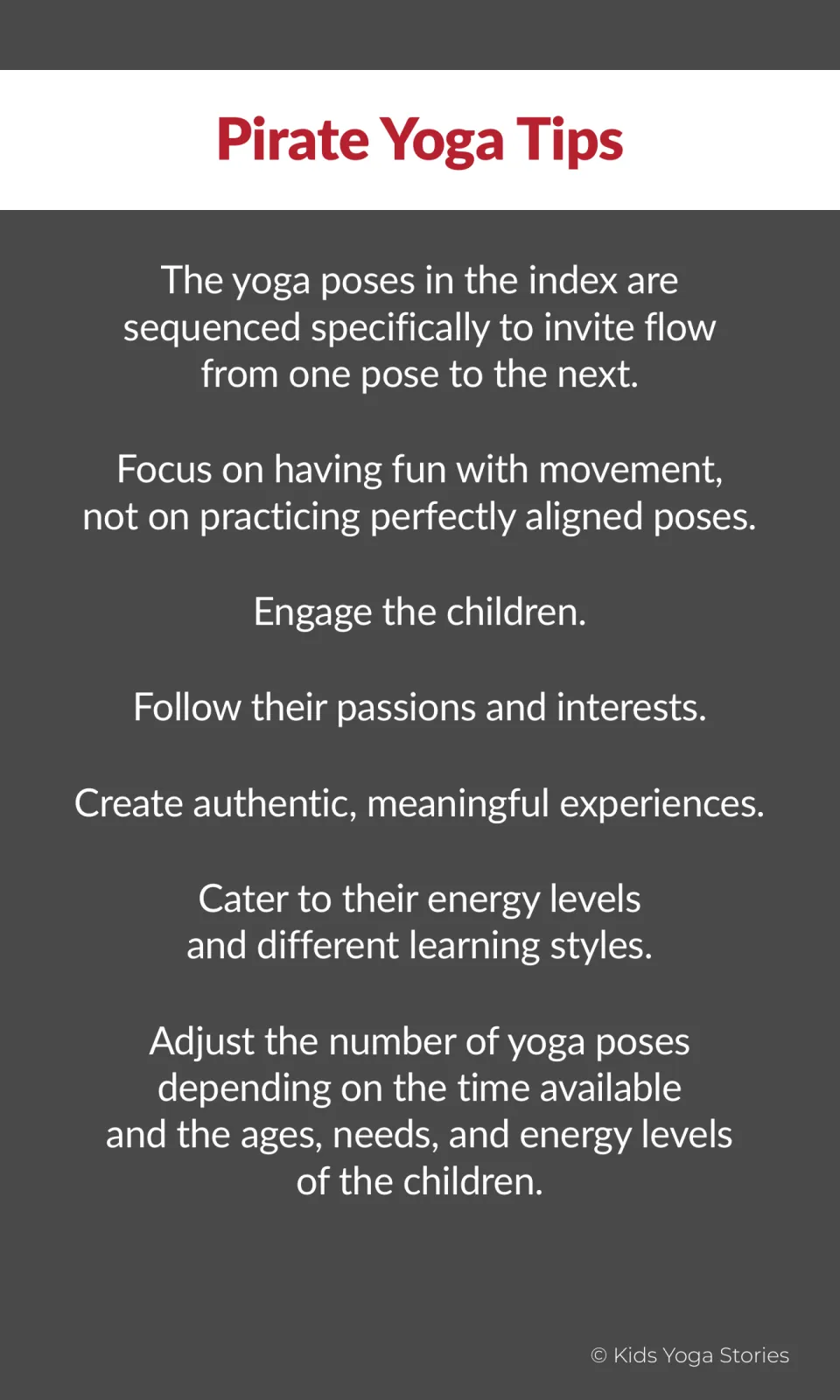 Pirate yoga tips explain pose sequencing, playful movement, and adapting practice to children's needs