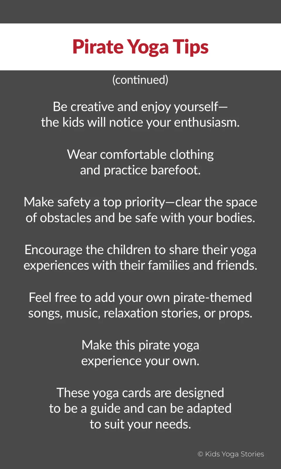 Continued pirate yoga tips cover clothing, barefoot practice, a clear space, and adding songs or props