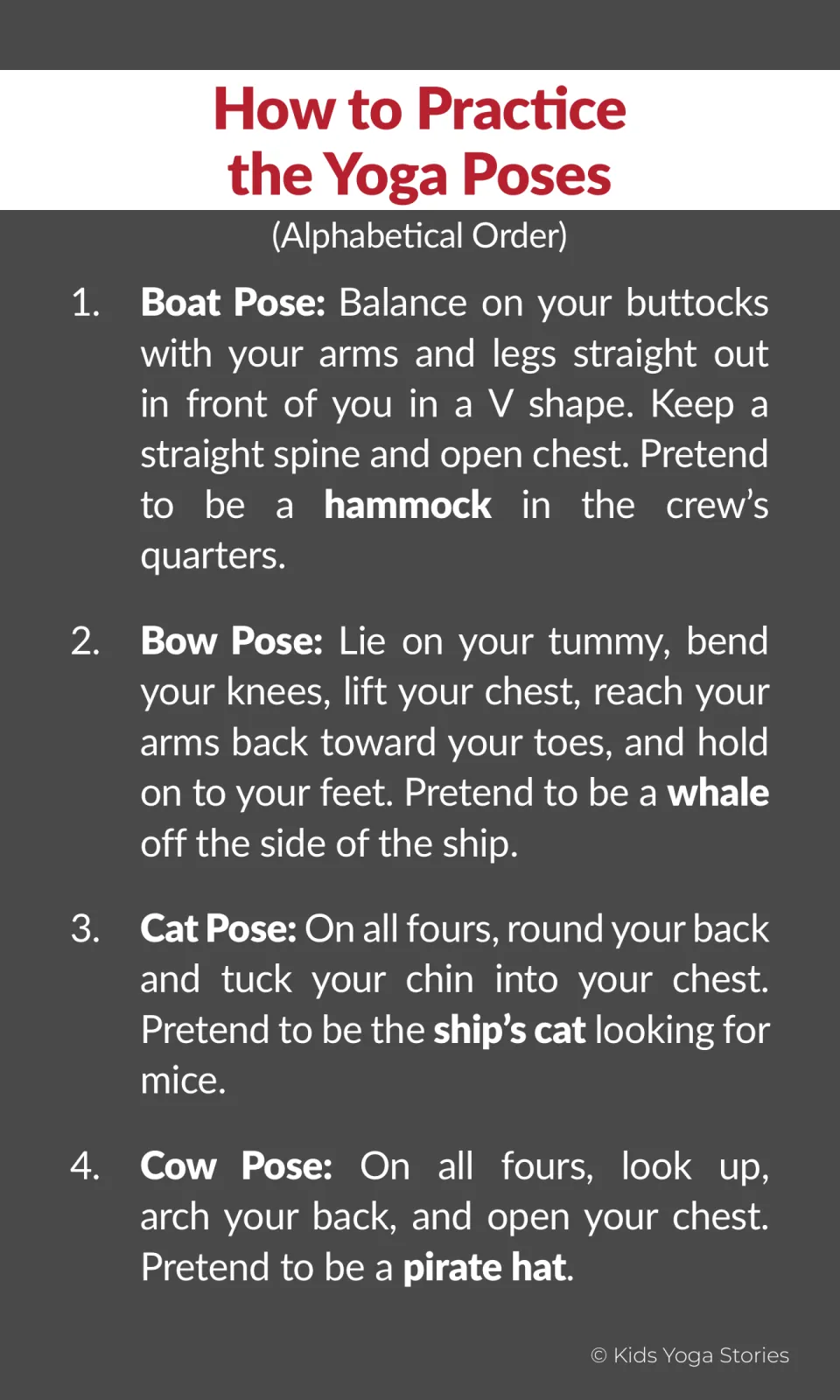 Pirate yoga instructions 1–4: Boat as a hammock, Bow as a whale, Cat as the ship's cat, and Cow as a pirate hat
