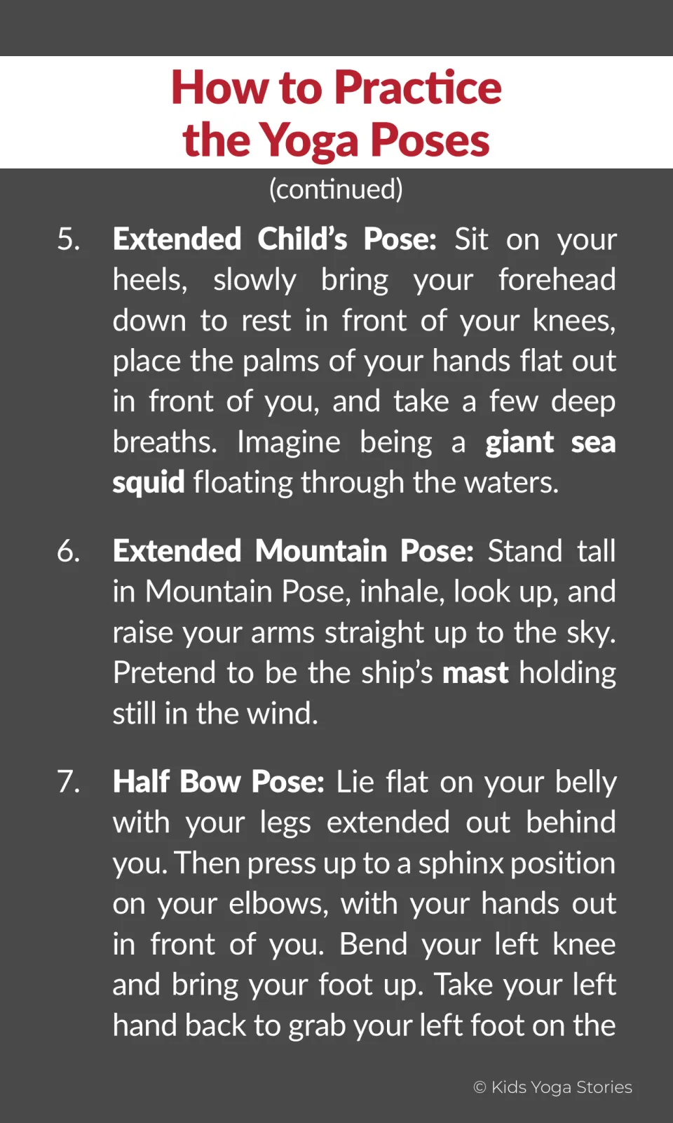 Pirate yoga instructions 5–7 cover Extended Child's Pose, Extended Mountain Pose, and the start of Half Bow Pose