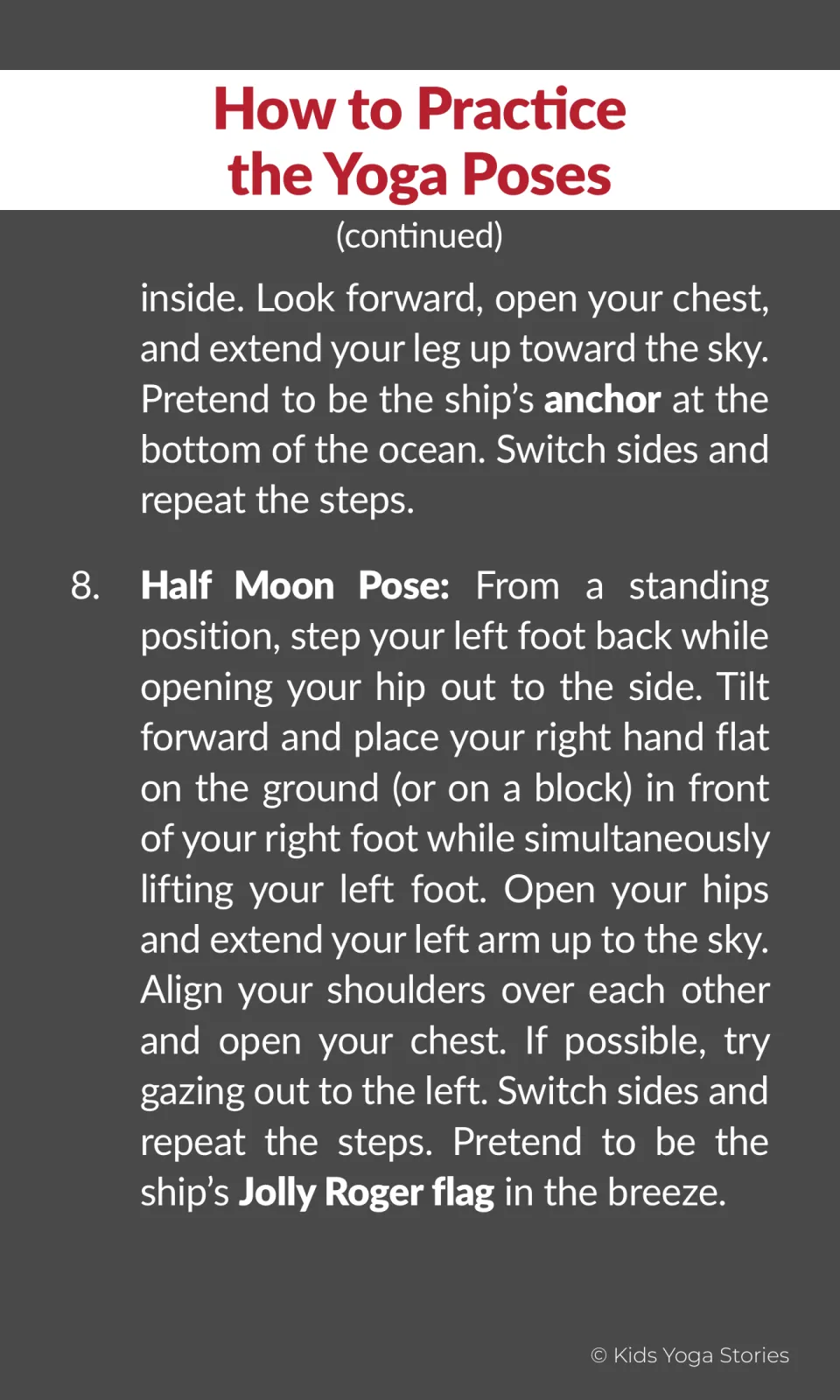 Pirate yoga instructions finish Half Bow as the ship's anchor and explain Half Moon as the Jolly Roger flag