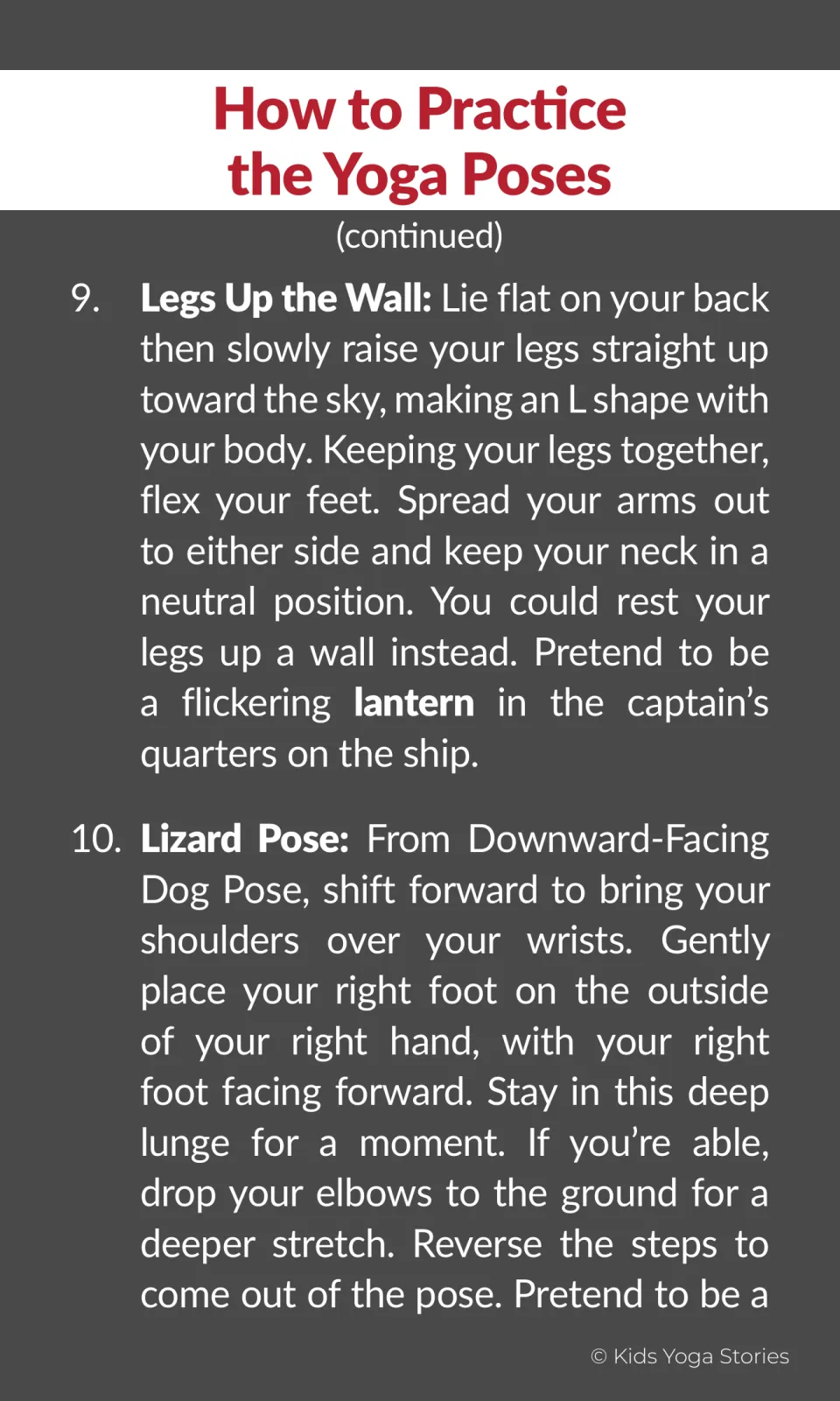 Pirate yoga instructions 9–10 explain Legs Up the Wall as a lantern and begin the directions for Lizard Pose