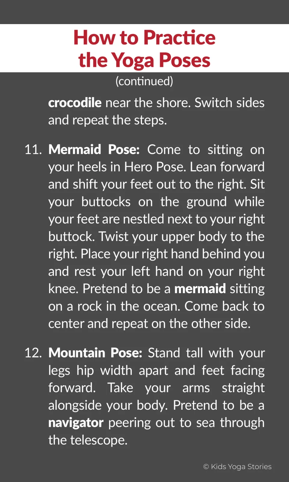 Pirate yoga instructions finish Lizard as a crocodile, then explain Mermaid Pose and Mountain as a navigator