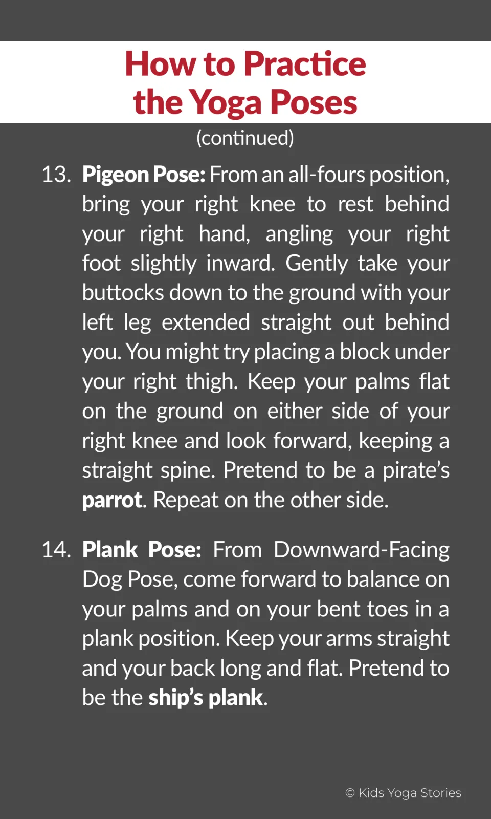 Pirate yoga instructions 13–14 explain Pigeon Pose as a pirate's parrot and Plank Pose as the ship's plank