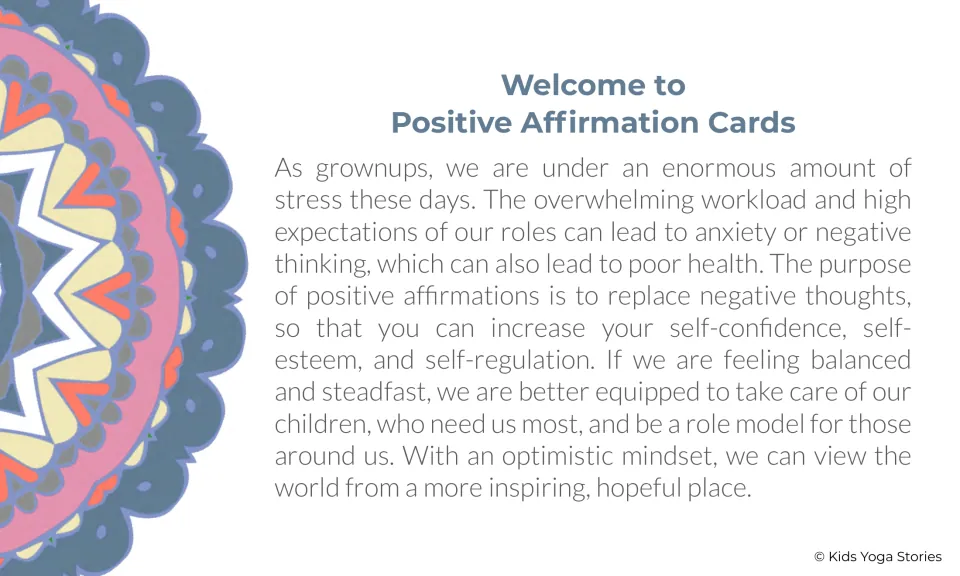 Welcome note on adult stress: explains that affirmations are meant to replace negative thoughts with an optimistic mindset