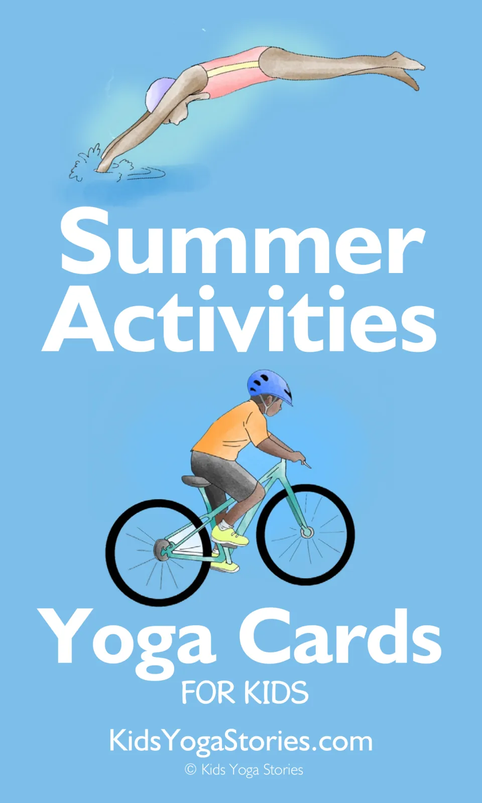 Cover of Summer Activities Yoga Cards for Kids, identifying the summer movement resource by Kids Yoga Stories