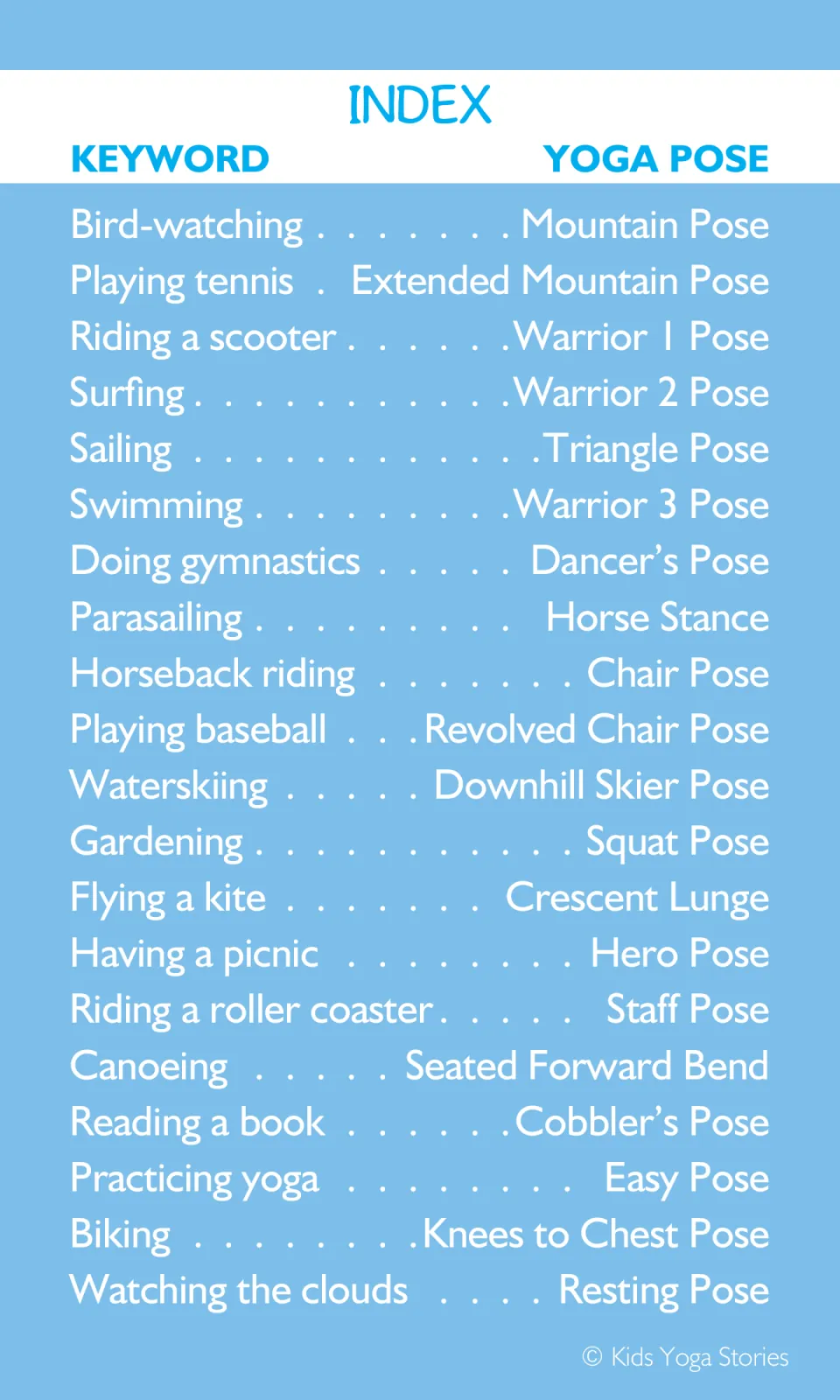 Yoga card index pairing 20 summer activities with poses, including bird-watching, surfing, sailing, and biking